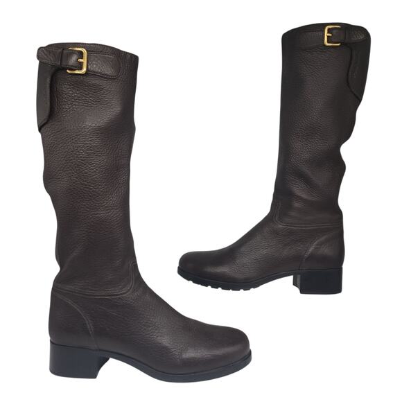 Prada Boots Womens 39.5 9.5 Brown Leather Knee High Block Heel Riding Side Zip - Picture 2 of 16